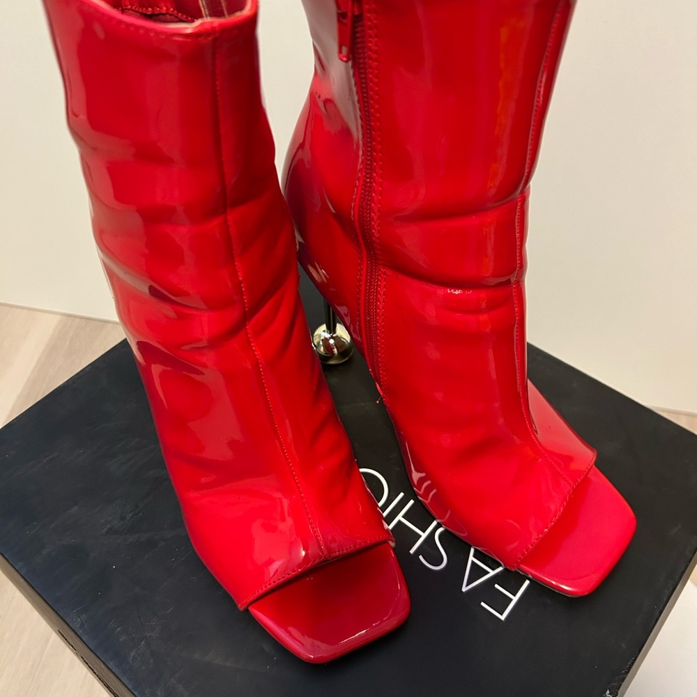 Fashion Nova Glossy Red Heeled Boots